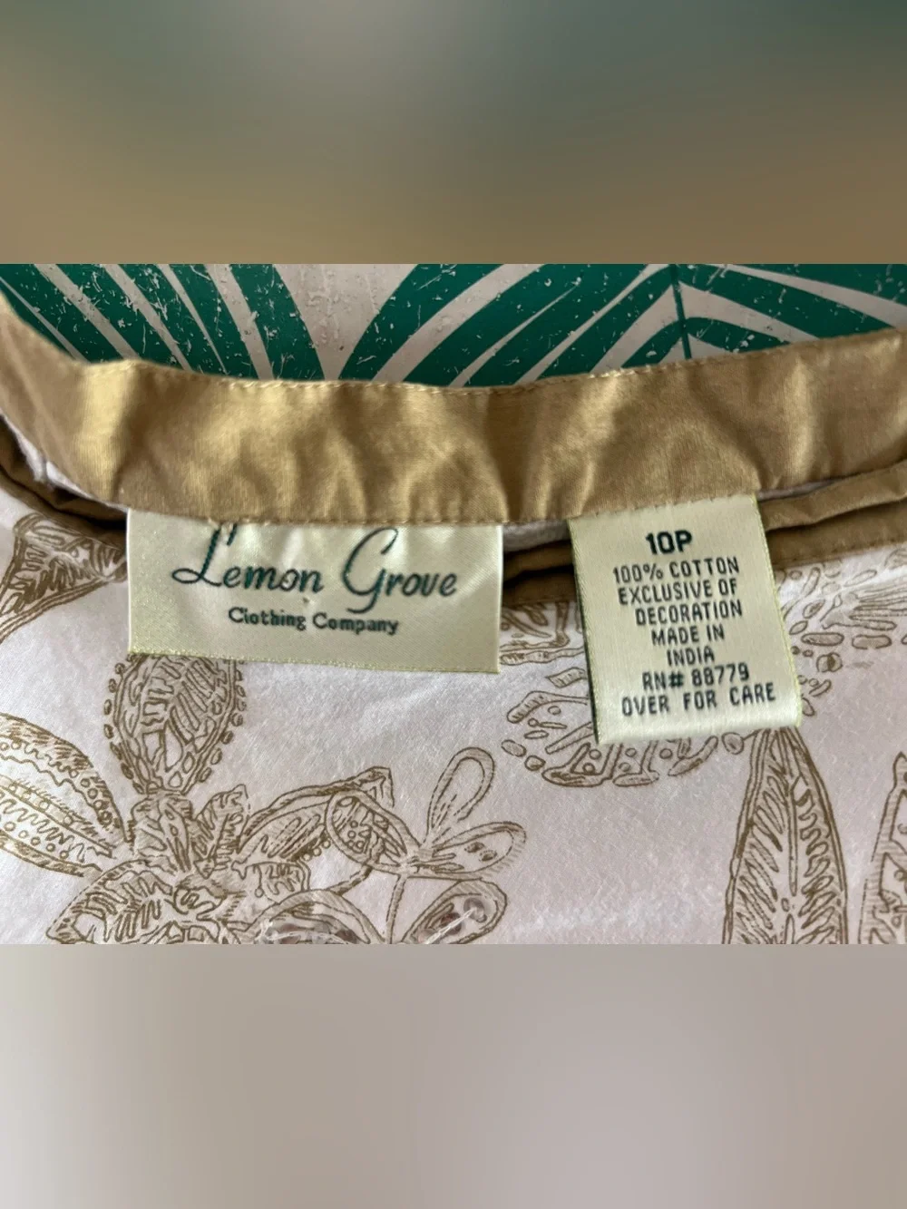 Lemon Grass Cotton midi white skirt w/ floral tan pattern and sequins. Sz 10p - Picture 4 of 8